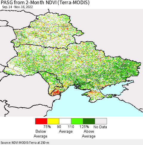 Ukraine, Moldova and Belarus PASG from 2-Month NDVI (Terra-MODIS) Thematic Map For 11/9/2022 - 11/16/2022