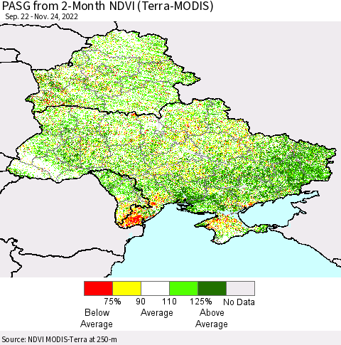 Ukraine, Moldova and Belarus PASG from 2-Month NDVI (Terra-MODIS) Thematic Map For 11/17/2022 - 11/24/2022
