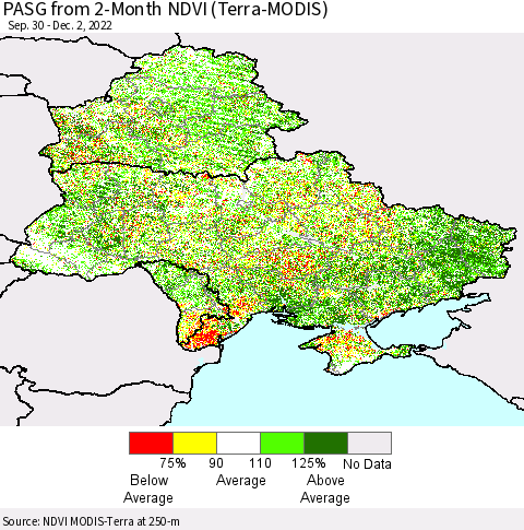 Ukraine, Moldova and Belarus PASG from 2-Month NDVI (Terra-MODIS) Thematic Map For 11/25/2022 - 12/2/2022