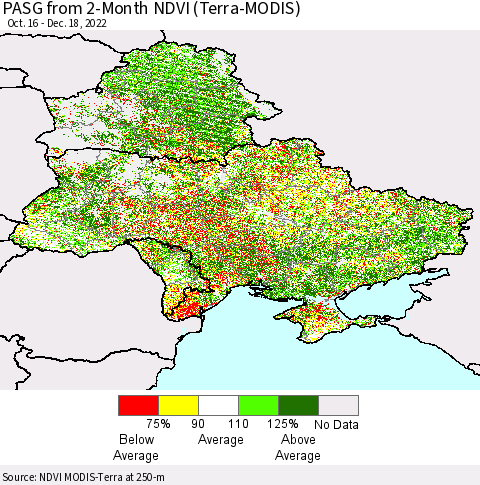 Ukraine, Moldova and Belarus PASG from 2-Month NDVI (Terra-MODIS) Thematic Map For 12/11/2022 - 12/18/2022