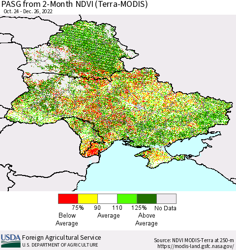 Ukraine, Moldova and Belarus PASG from 2-Month NDVI (Terra-MODIS) Thematic Map For 12/21/2022 - 12/31/2022