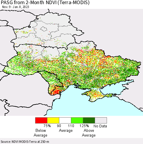 Ukraine, Moldova and Belarus PASG from 2-Month NDVI (Terra-MODIS) Thematic Map For 1/1/2023 - 1/8/2023