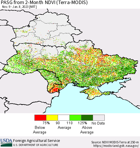 Ukraine, Moldova and Belarus PASG from 2-Month NDVI (Terra-MODIS) Thematic Map For 1/1/2023 - 1/10/2023
