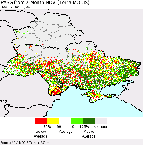Ukraine, Moldova and Belarus PASG from 2-Month NDVI (Terra-MODIS) Thematic Map For 1/9/2023 - 1/16/2023