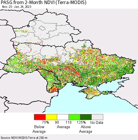 Ukraine, Moldova and Belarus PASG from 2-Month NDVI (Terra-MODIS) Thematic Map For 1/17/2023 - 1/24/2023