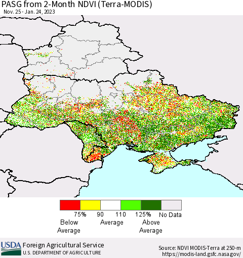 Ukraine, Moldova and Belarus PASG from 2-Month NDVI (Terra-MODIS) Thematic Map For 1/21/2023 - 1/31/2023