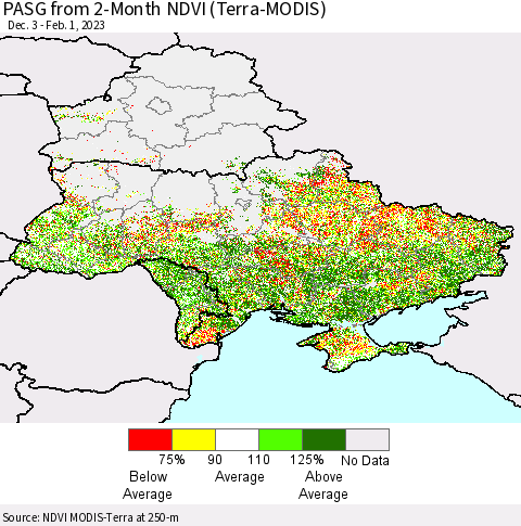 Ukraine, Moldova and Belarus PASG from 2-Month NDVI (Terra-MODIS) Thematic Map For 1/25/2023 - 2/1/2023