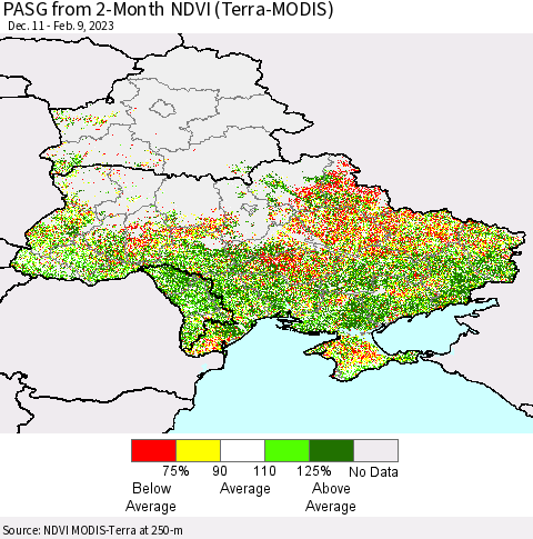 Ukraine, Moldova and Belarus PASG from 2-Month NDVI (Terra-MODIS) Thematic Map For 2/2/2023 - 2/9/2023