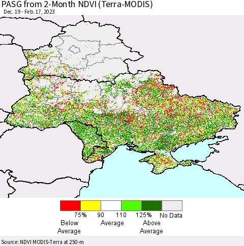 Ukraine, Moldova and Belarus PASG from 2-Month NDVI (Terra-MODIS) Thematic Map For 2/10/2023 - 2/17/2023