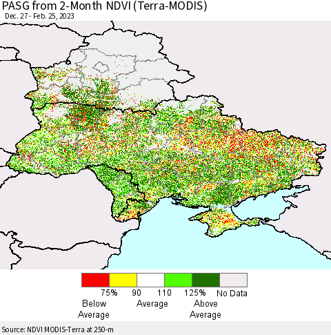 Ukraine, Moldova and Belarus PASG from 2-Month NDVI (Terra-MODIS) Thematic Map For 2/18/2023 - 2/25/2023