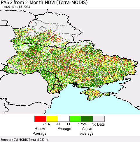 Ukraine, Moldova and Belarus PASG from 2-Month NDVI (Terra-MODIS) Thematic Map For 3/6/2023 - 3/13/2023
