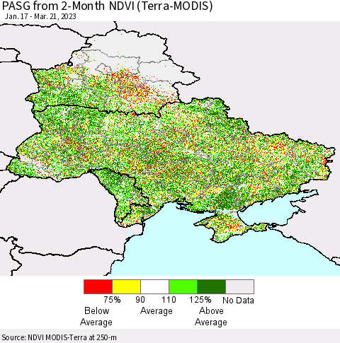 Ukraine, Moldova and Belarus PASG from 2-Month NDVI (Terra-MODIS) Thematic Map For 3/14/2023 - 3/21/2023