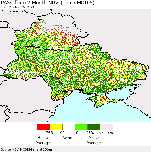 Ukraine, Moldova and Belarus PASG from 2-Month NDVI (Terra-MODIS) Thematic Map For 3/22/2023 - 3/29/2023