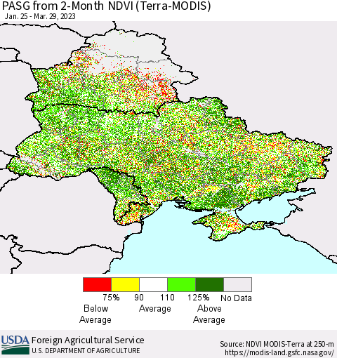 Ukraine, Moldova and Belarus PASG from 2-Month NDVI (Terra-MODIS) Thematic Map For 3/21/2023 - 3/31/2023