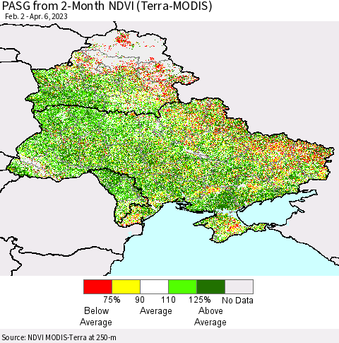 Ukraine, Moldova and Belarus PASG from 2-Month NDVI (Terra-MODIS) Thematic Map For 3/30/2023 - 4/6/2023