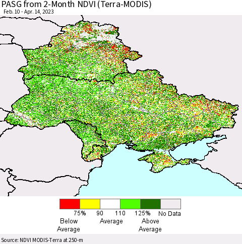 Ukraine, Moldova and Belarus PASG from 2-Month NDVI (Terra-MODIS) Thematic Map For 4/7/2023 - 4/14/2023