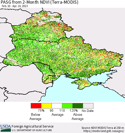 Ukraine, Moldova and Belarus PASG from 2-Month NDVI (Terra-MODIS) Thematic Map For 4/11/2023 - 4/20/2023