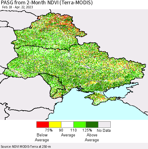Ukraine, Moldova and Belarus PASG from 2-Month NDVI (Terra-MODIS) Thematic Map For 4/15/2023 - 4/22/2023