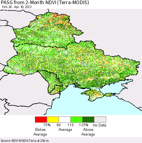 Ukraine, Moldova and Belarus PASG from 2-Month NDVI (Terra-MODIS) Thematic Map For 4/21/2023 - 4/30/2023