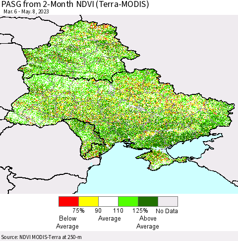 Ukraine, Moldova and Belarus PASG from 2-Month NDVI (Terra-MODIS) Thematic Map For 5/1/2023 - 5/8/2023