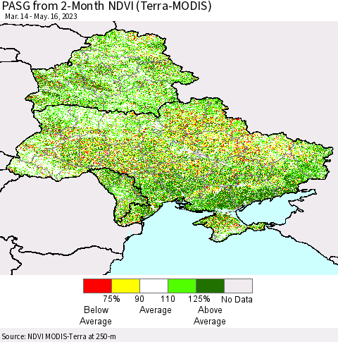 Ukraine, Moldova and Belarus PASG from 2-Month NDVI (Terra-MODIS) Thematic Map For 5/9/2023 - 5/16/2023