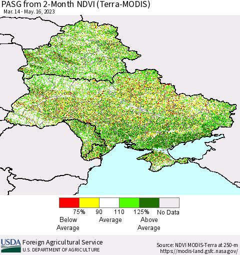 Ukraine, Moldova and Belarus PASG from 2-Month NDVI (Terra-MODIS) Thematic Map For 5/11/2023 - 5/20/2023