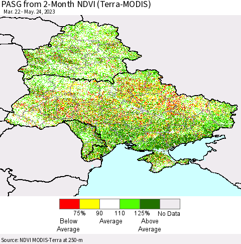 Ukraine, Moldova and Belarus PASG from 2-Month NDVI (Terra-MODIS) Thematic Map For 5/17/2023 - 5/24/2023