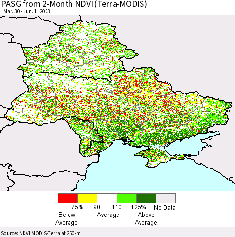 Ukraine, Moldova and Belarus PASG from 2-Month NDVI (Terra-MODIS) Thematic Map For 5/25/2023 - 6/1/2023