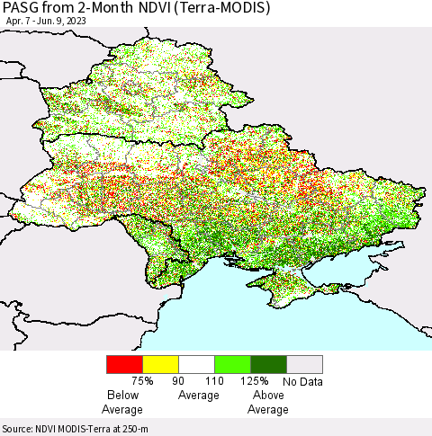 Ukraine, Moldova and Belarus PASG from 2-Month NDVI (Terra-MODIS) Thematic Map For 6/2/2023 - 6/9/2023