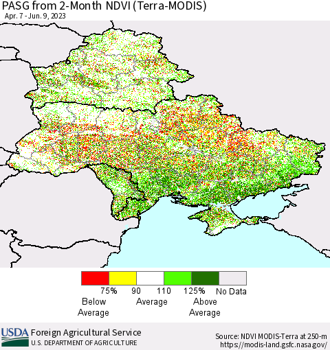 Ukraine, Moldova and Belarus PASG from 2-Month NDVI (Terra-MODIS) Thematic Map For 6/1/2023 - 6/10/2023