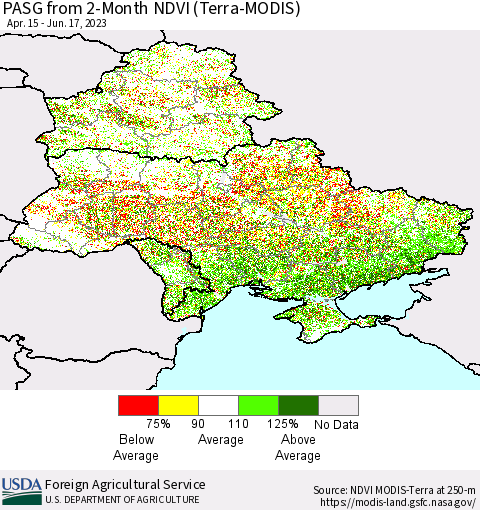 Ukraine, Moldova and Belarus PASG from 2-Month NDVI (Terra-MODIS) Thematic Map For 6/11/2023 - 6/20/2023