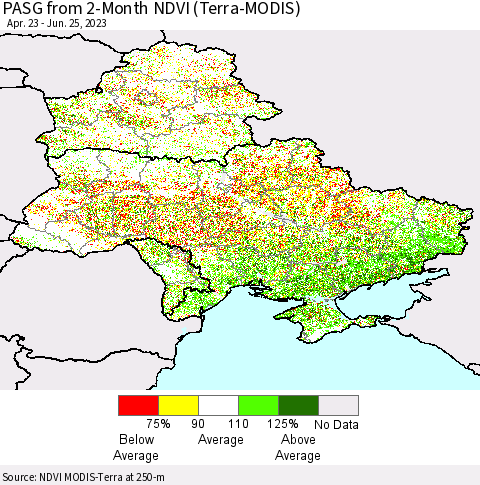 Ukraine, Moldova and Belarus PASG from 2-Month NDVI (Terra-MODIS) Thematic Map For 6/18/2023 - 6/25/2023