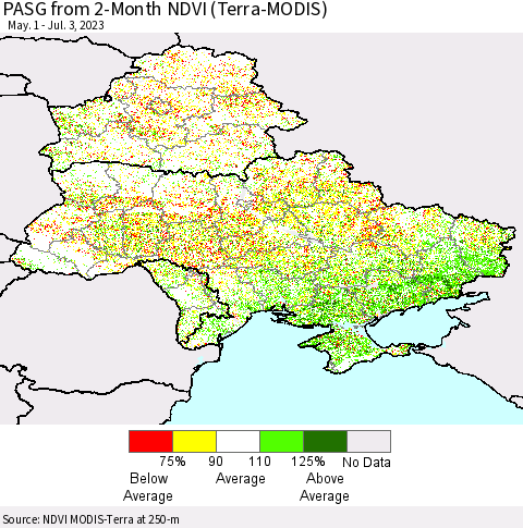 Ukraine, Moldova and Belarus PASG from 2-Month NDVI (Terra-MODIS) Thematic Map For 6/26/2023 - 7/3/2023