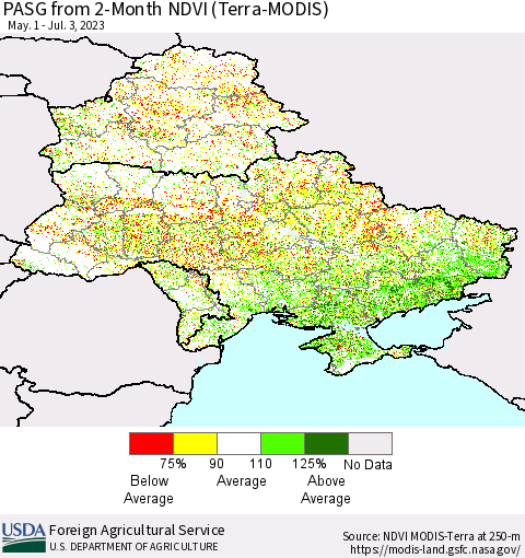 Ukraine, Moldova and Belarus PASG from 2-Month NDVI (Terra-MODIS) Thematic Map For 7/1/2023 - 7/10/2023