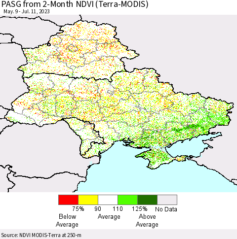 Ukraine, Moldova and Belarus PASG from 2-Month NDVI (Terra-MODIS) Thematic Map For 7/4/2023 - 7/11/2023