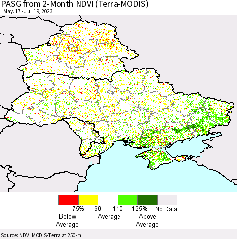Ukraine, Moldova and Belarus PASG from 2-Month NDVI (Terra-MODIS) Thematic Map For 7/12/2023 - 7/19/2023