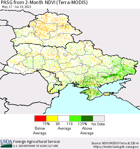 Ukraine, Moldova and Belarus PASG from 2-Month NDVI (Terra-MODIS) Thematic Map For 7/11/2023 - 7/20/2023