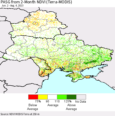 Ukraine, Moldova and Belarus PASG from 2-Month NDVI (Terra-MODIS) Thematic Map For 7/28/2023 - 8/4/2023
