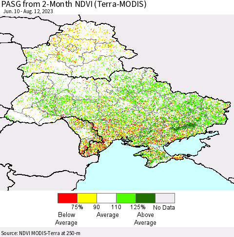 Ukraine, Moldova and Belarus PASG from 2-Month NDVI (Terra-MODIS) Thematic Map For 8/5/2023 - 8/12/2023