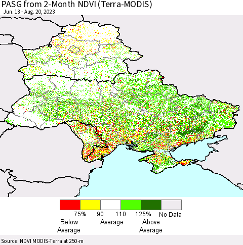 Ukraine, Moldova and Belarus PASG from 2-Month NDVI (Terra-MODIS) Thematic Map For 8/11/2023 - 8/20/2023