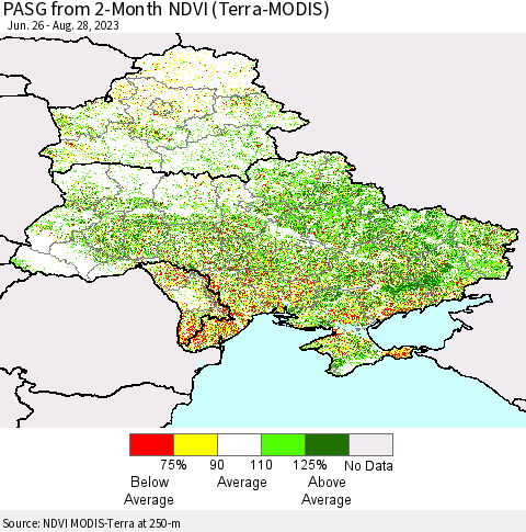 Ukraine, Moldova and Belarus PASG from 2-Month NDVI (Terra-MODIS) Thematic Map For 8/21/2023 - 8/28/2023
