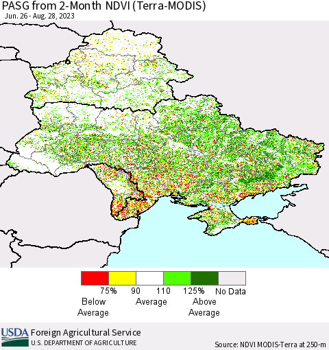 Ukraine, Moldova and Belarus PASG from 2-Month NDVI (Terra-MODIS) Thematic Map For 8/21/2023 - 8/31/2023