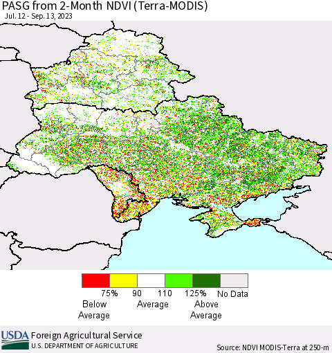 Ukraine, Moldova and Belarus PASG from 2-Month NDVI (Terra-MODIS) Thematic Map For 9/11/2023 - 9/20/2023