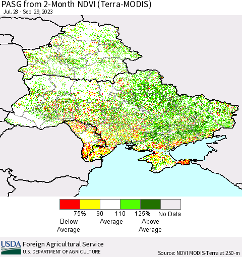 Ukraine, Moldova and Belarus PASG from 2-Month NDVI (Terra-MODIS) Thematic Map For 9/21/2023 - 9/30/2023