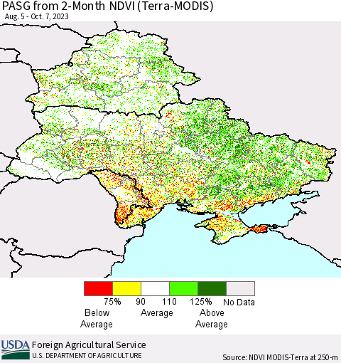 Ukraine, Moldova and Belarus PASG from 2-Month NDVI (Terra-MODIS) Thematic Map For 10/1/2023 - 10/10/2023