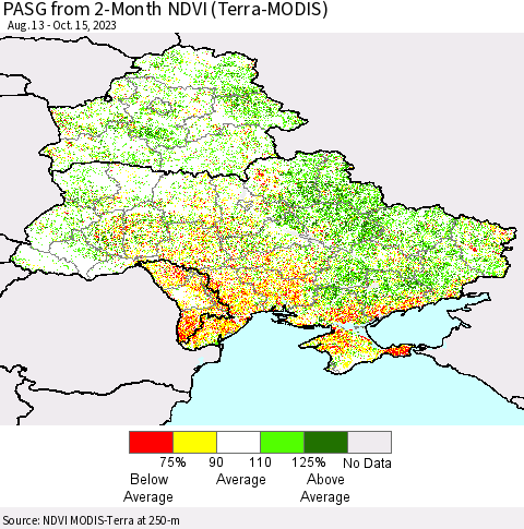 Ukraine, Moldova and Belarus PASG from 2-Month NDVI (Terra-MODIS) Thematic Map For 10/8/2023 - 10/15/2023