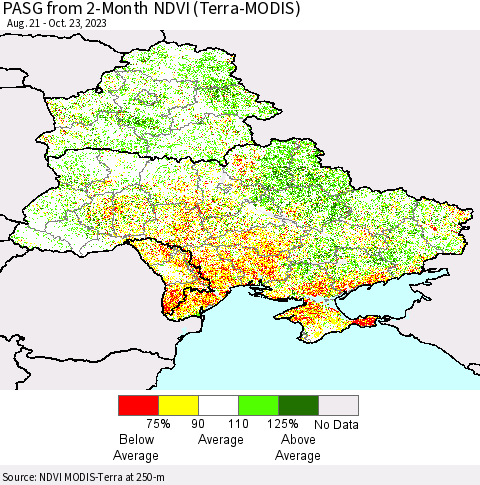 Ukraine, Moldova and Belarus PASG from 2-Month NDVI (Terra-MODIS) Thematic Map For 10/16/2023 - 10/23/2023