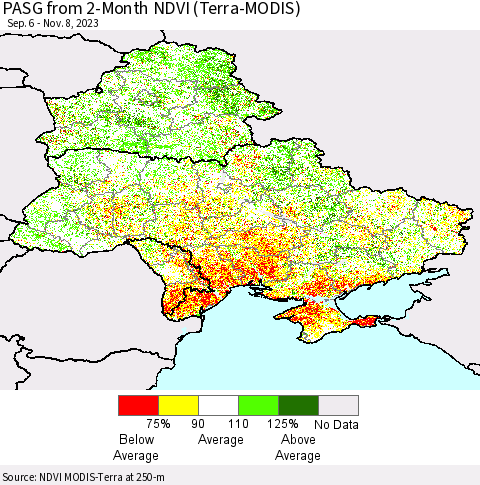 Ukraine, Moldova and Belarus PASG from 2-Month NDVI (Terra-MODIS) Thematic Map For 11/1/2023 - 11/8/2023