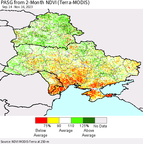 Ukraine, Moldova and Belarus PASG from 2-Month NDVI (Terra-MODIS) Thematic Map For 11/9/2023 - 11/16/2023