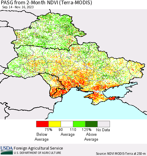 Ukraine, Moldova and Belarus PASG from 2-Month NDVI (Terra-MODIS) Thematic Map For 11/11/2023 - 11/20/2023